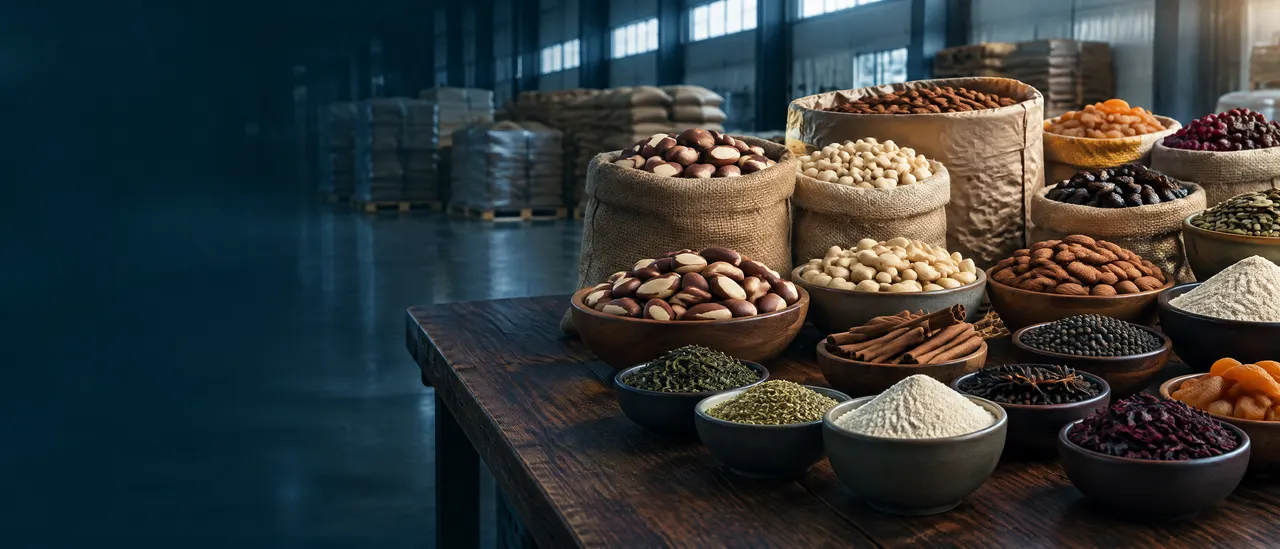 Bulk natural products — nuts, spices, teas and dried fruit — ready for export